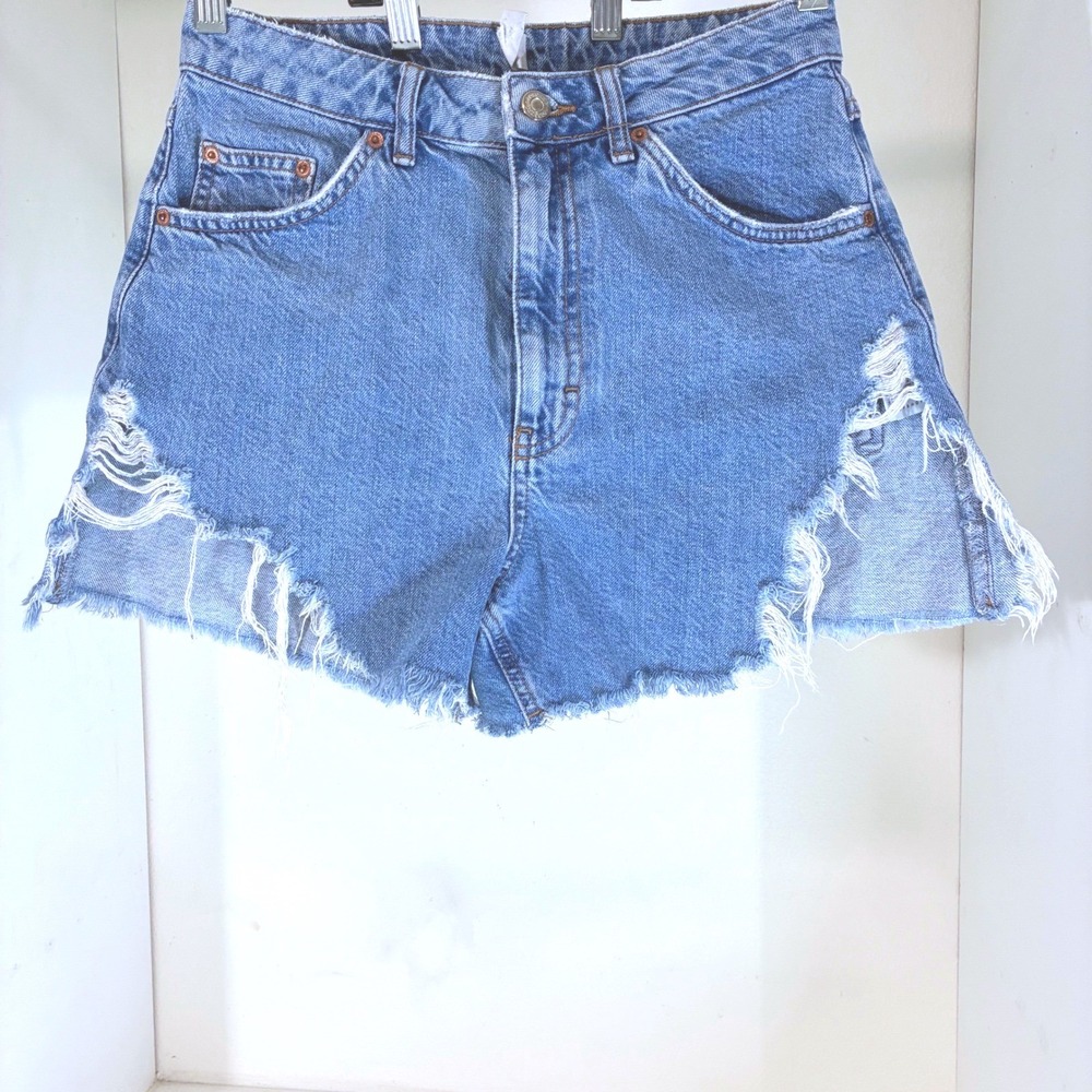 Topshop Womens Blue Distressed High Waisted Denim Jean Shorts Size US 6